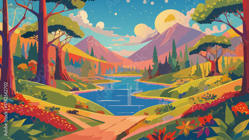 Vibrant Vector Landscape Illustration of Forest, Lake, and Mountains - Digital Art Background