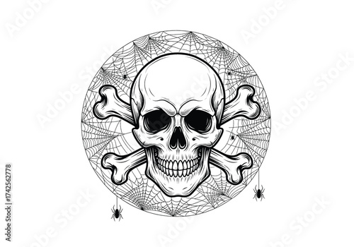 A grayscale image of a skull with crossbones on a black background with pixelated artifacts
