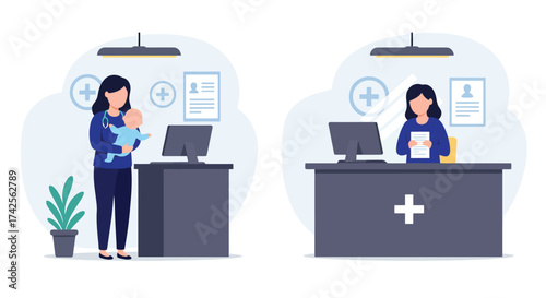 Woman with baby at a healthcare reception desk checking in calmly