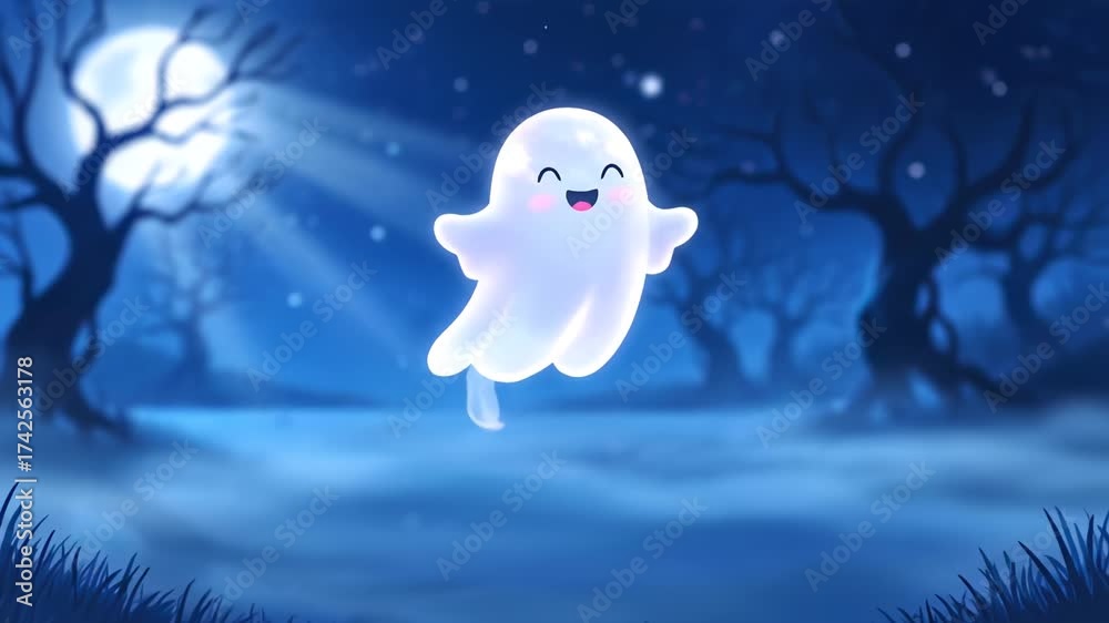 Cute glowing translucent ghost swooping into a misty moonlit forest ...