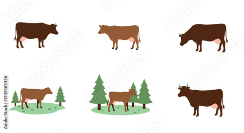 Illustrations of cows in different poses and environments a pastoral scene