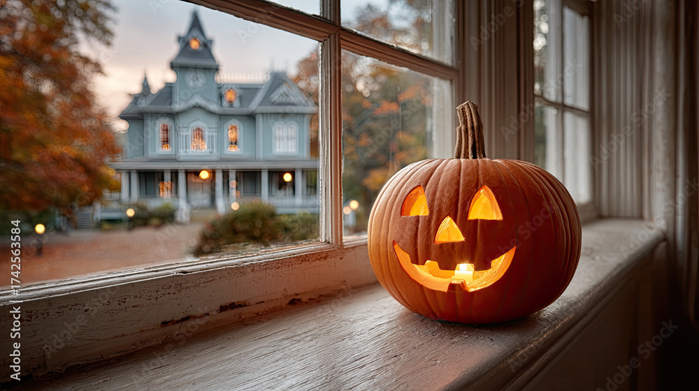Fototapeta premium Jack o lantern glowing on window sill with spooky house outside