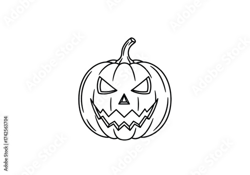 A black and white drawing of a halloween jack o lantern with a scary face on a black background