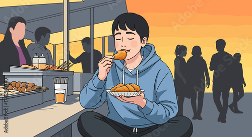 Boy Enjoying Fried Chicken At A Street Food Stall In Asia