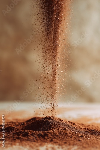 Falling Sand: An artistic close-up captures a mesmerizing cascade of fine, dark sand falling through the air onto a small mound, evoking a sense of time passing and subtle textures.