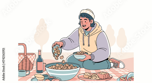 Cheerful Picnic Scene Featuring A Young Woman Sharing Snack Outdoors