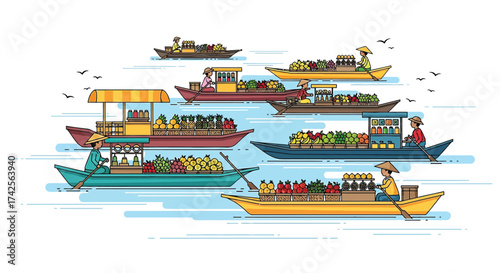 Floating market boats laden with fresh produce vibrant colors