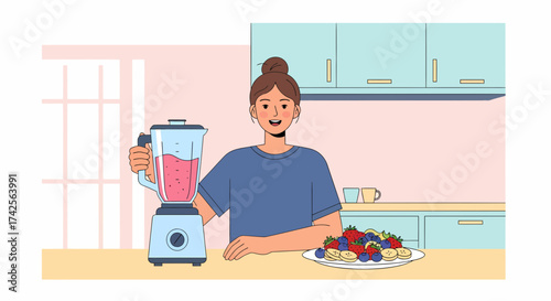 Cheerful Young Woman Preparing Fruit Smoothie In Home Kitchen
