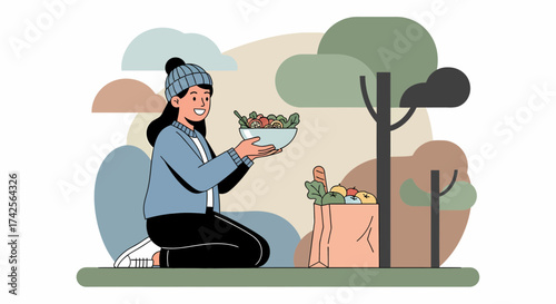 Girl Preparing Fresh Salad From Local Organic Products Outdoor