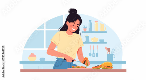 Girl Preparing Healthy Papaya In A Modern Kitchen Scene