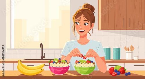 Healthy Woman Preparing Breakfast With Tropical Fruits At Kitchen