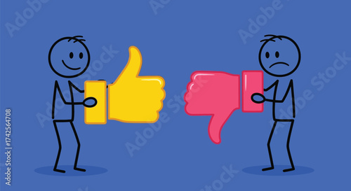 Stick figures holding thumbs up and thumbs down on blue background editable vector file