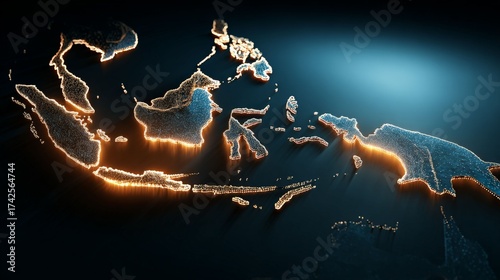 Glowing Map of Indonesia: A digital illustration showcases the glowing outlines of the Indonesian archipelago, exuding a futuristic feel with its luminous design and inviting exploration.