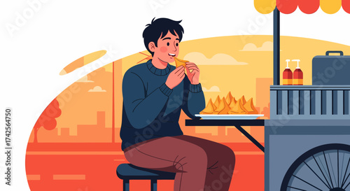 Man Enjoying Street Food Samosas From Vendor Cart Outdoors