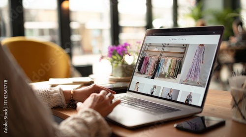 Online Fashion Shopping: A close-up shot of hands navigating an online fashion website on a sleek laptop, offering a glimpse into the modern world of digital shopping.