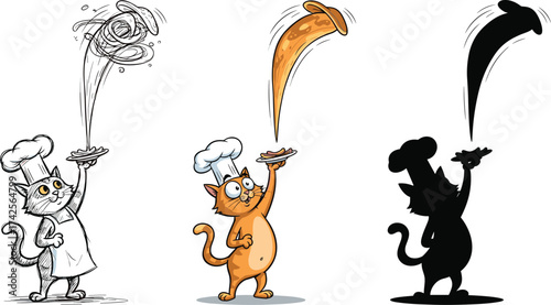 Chef Cat Character Tossing a Pizza Slice in the Air
