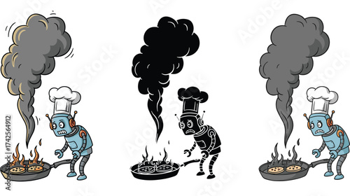 Chef Robot with Smoking Pan Vector Illustration