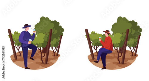 People enjoying drinks amidst lush green vineyards a relaxing outdoor scene