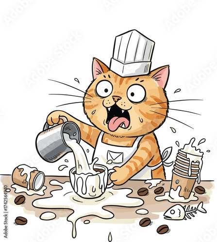 Clumsy Barista Cat Spilling Coffee and Milk