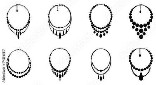 Illustration of various black and white necklace designs in a grid layout