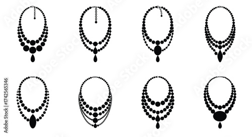 Black and white illustration of eight different necklace designs on display