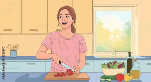 Woman Prepares Healthy Meal Slicing Tomatoes In Bright Kitchen