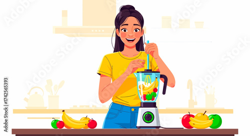 Woman Prepares Healthy Smoothie With Fresh Fruit In Kitchen At Home