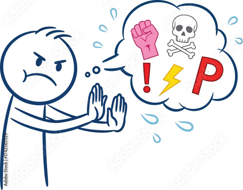 Stick figure with angry expression and negative thought bubble art editable vector file