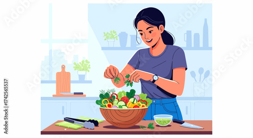 Woman Preparing Fresh Salad In The Kitchen For Healthy Lifestyle