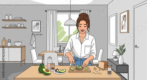 Woman Preparing Healthy Avocado Toast In Her Modern Kitchen