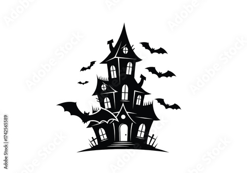 A spooky haunted house silhouette with bats flying around it on a dark background with stars