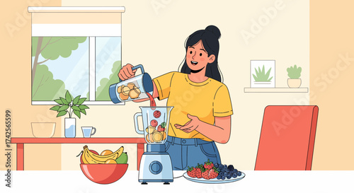 Woman Preparing Healthy Fruit Smoothie In Blender At Home
