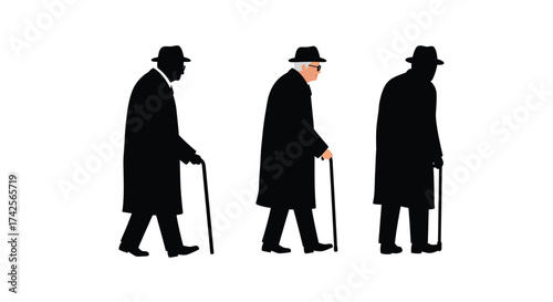 Silhouettes of three elderly men walking with canes in black