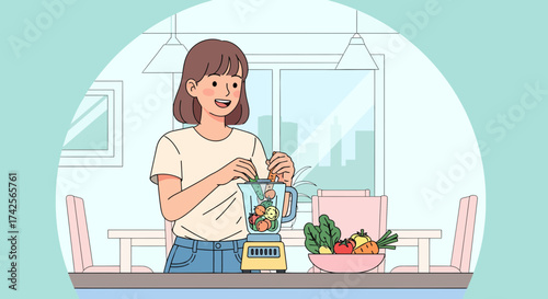 Woman Preparing Healthy Smoothie In Kitchen With Fresh Ingredients