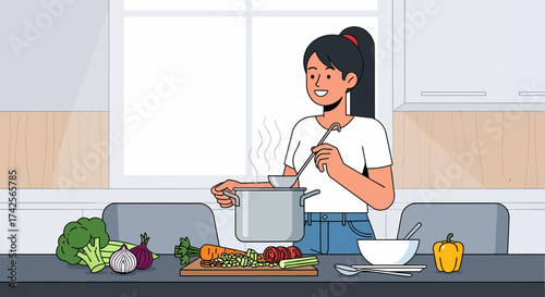 Woman Preparing Healthy Soup At Home In A Modern Kitchen