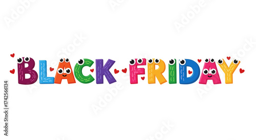 Playful Black Friday typography with cute cartoon character letters.
