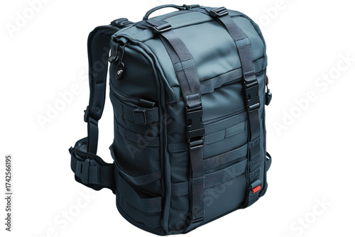 Stylish gray backpack with multiple straps and compartments for travel or everyday use on transparent background