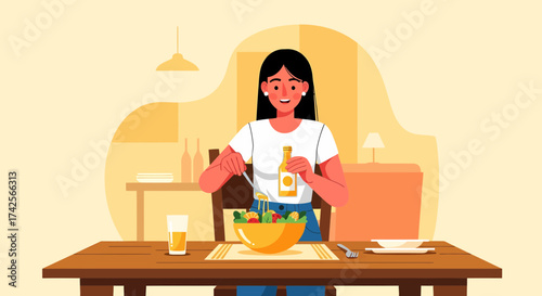 Young Woman Preparing Fresh Salad With Homemade Dressing For Lunch