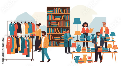Diverse shoppers browse colorful clothing racks and bookshelves at a vibrant indoor marketplace scene