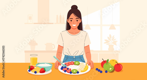 Young Woman Preparing Healthy Breakfast With Fresh Fruit Bowl