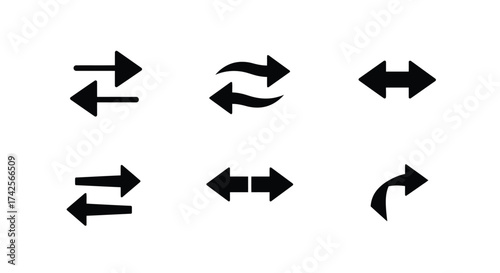 Collection of various black arrow symbols showing different directions and movements
