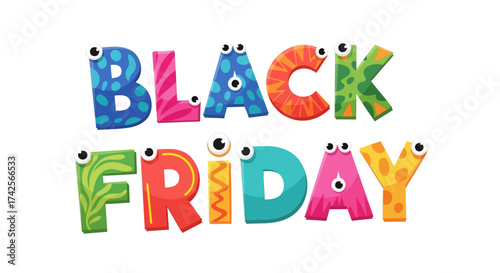 Colorful Black Friday text with googly eyes, playful design for sales event.