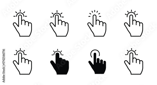 Collection of black and white line art hand tap icons displayed