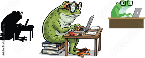 Three Frog Characters Working on Laptops