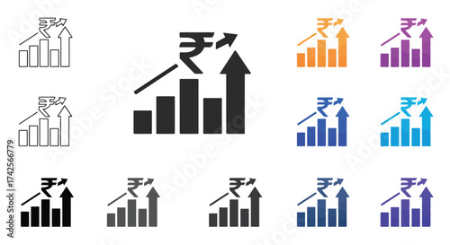 Indian rupee growth chart icons showing financial progress and economic increase