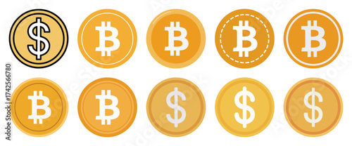 Collection of gold dollar and bitcoin coins for digital currency and financial concepts