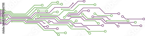 Abstract representation of a circuit board with green and purple editable vector file