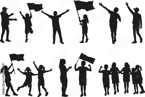 Silhouette children celebrating with flags and joyful poses, unity and diversity in parade scene, perfect for event and education themes