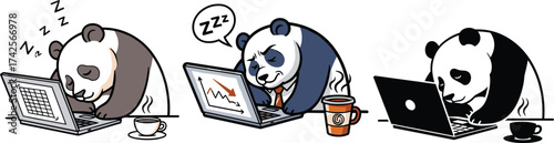 Tired Panda Sleeping on Laptop Vector Illustration
