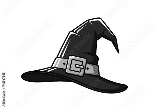Illustration of a black witch hat with a silver buckle isolated on a black background